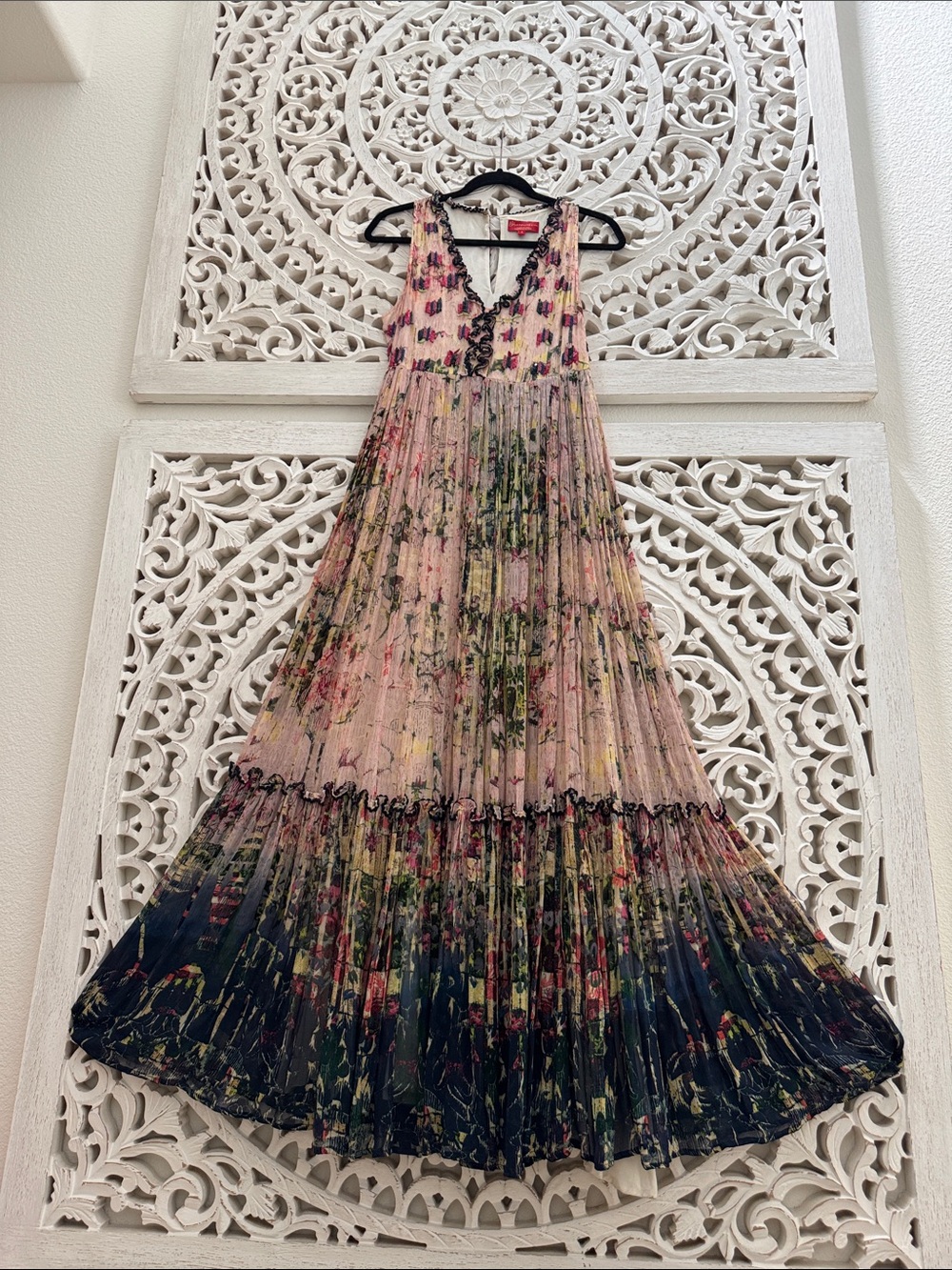 Anthropologie Bhanuni by Jyoti Pink and Navy Floral Pleated Maxi Dress